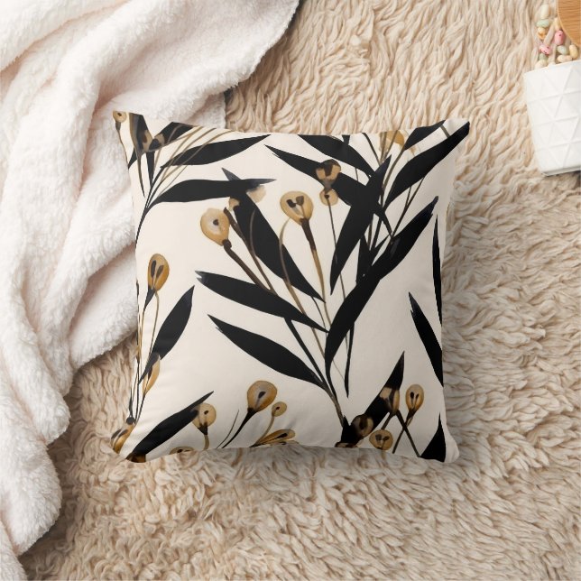 Black and Tan Contemporary Leaves Throw Pillow (Blanket)