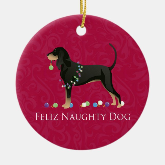 Black and Tan Coonhound Christmas Ceramic Ornament (Front)