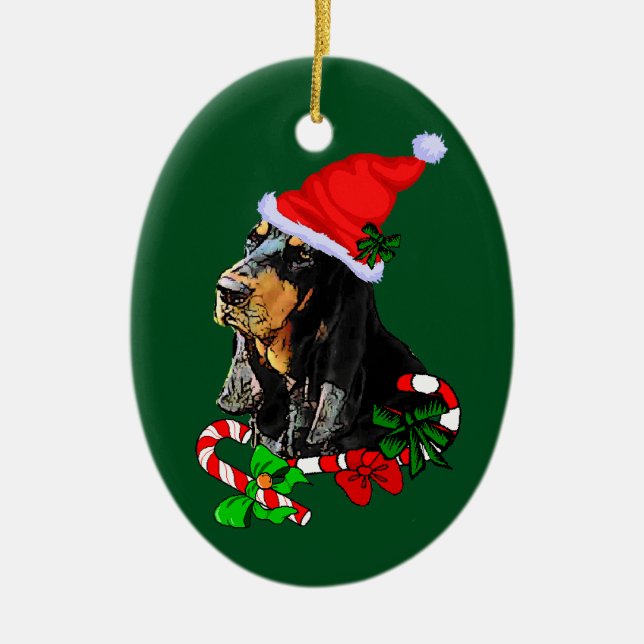 Black and Tan Coonhound Christmas Ceramic Ornament (Front)