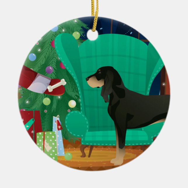 Black and Tan Coonhound Christmas Santa's Gift Ceramic Ornament (Front)