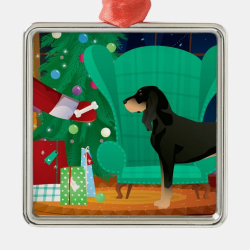 Black and Tan Coonhound Christmas Santas Gift Metal Ornament