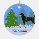 Black and Tan Coonhound Decorating Christmas Tree Ceramic Ornament