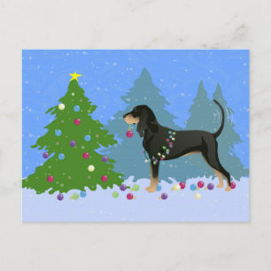 Black and Tan Coonhound Decorating Christmas Tree Holiday Postcard