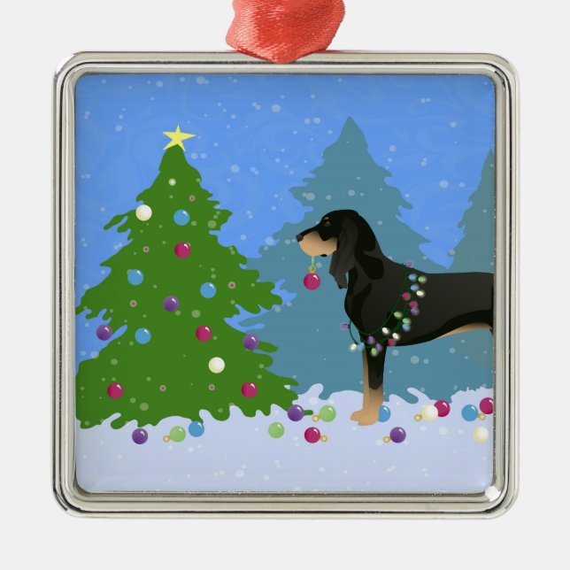 Black and Tan Coonhound Decorating Christmas Tree Metal Ornament (Front)