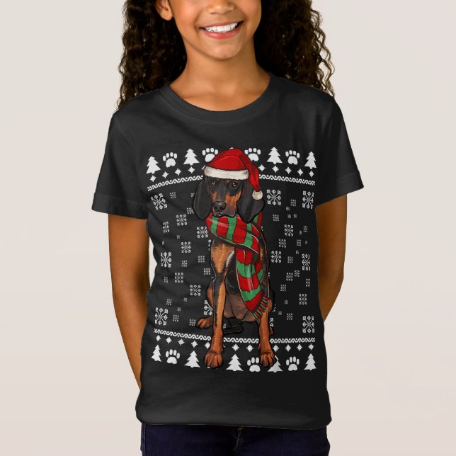 Black and Tan Coonhound Dog Santa Hat Xmas Ugly Ch T-Shirt (Front)