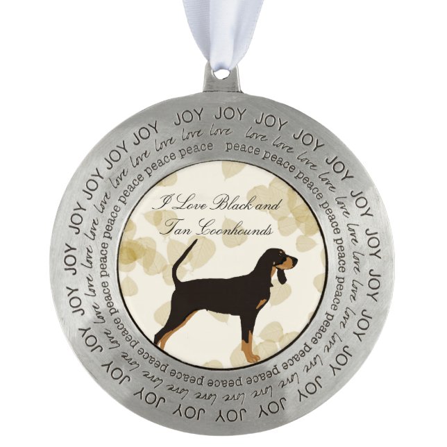 Black and Tan Coonhound on Tan Leaves Pewter Ornament (Front)