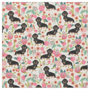 Black and Tan Dachshund dogs vintage florals cream Fabric