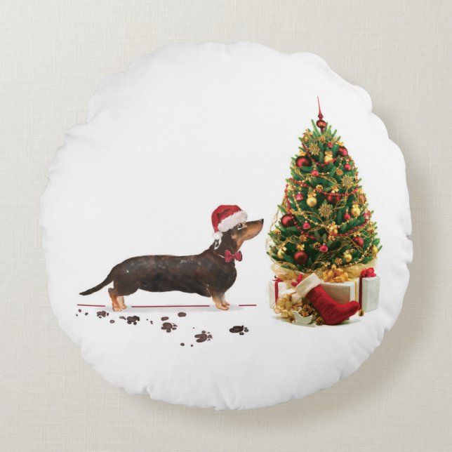 Black and Tan Dachshund Funny Christmas Dog Round Pillow (Front)