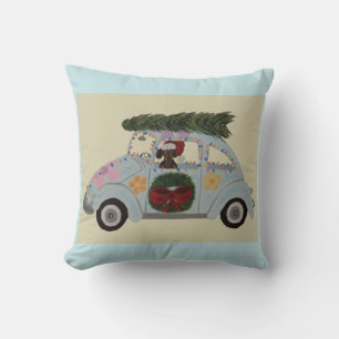 Black and Tan Dachshund in Hippie Car at Christmas Throw Pillow