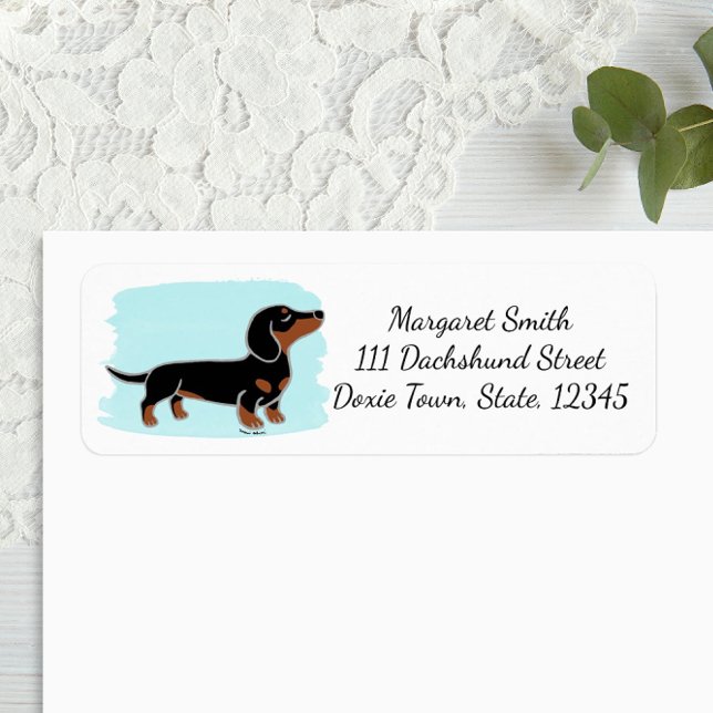 Black and Tan Dachshund Posing Watercolor Label (Black and Tan Dachshund Posing Cartoon Design Return Address Label for Dachshund Owners.)