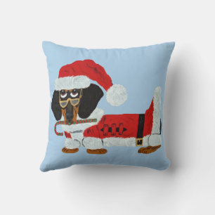Black and Tan Dachshund Santa with a Candy Cane Throw Pillow