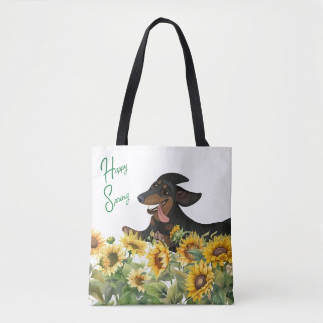 BLACK AND TAN DACHSHUND SUNFLOWERS TOTE BAG (Front)