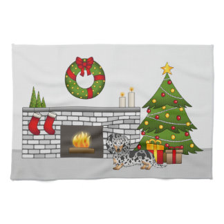 Black And Tan Dapple Long Hair Dachshund Christmas Kitchen Towel