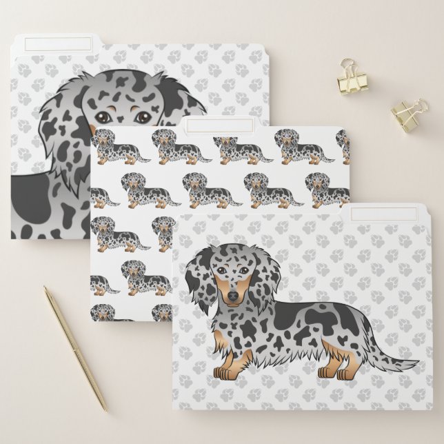 Black And Tan Dapple Long Hair Dachshund Dog File Folder (Set)