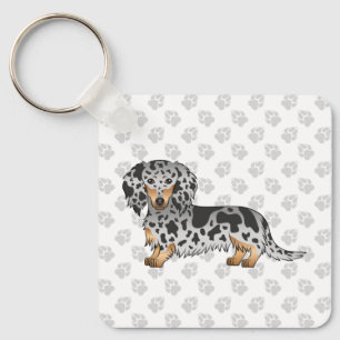 Black And Tan Dapple Long Hair Dachshund Dog Keychain
