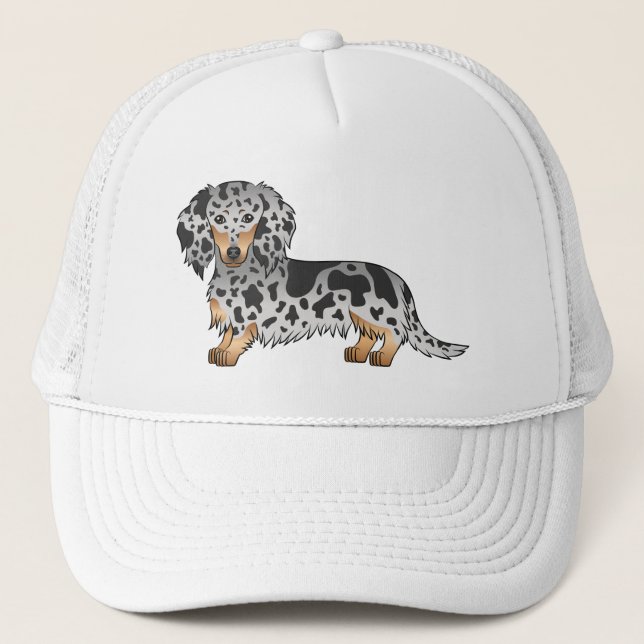 Black And Tan Dapple Long Hair Dachshund Dog Trucker Hat (Front)