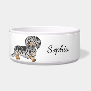Black And Tan Dapple Long Hair Dachshund & Name Bowl