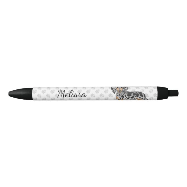 Black And Tan Dapple Long Hair Dachshund & Name Pen (Front)