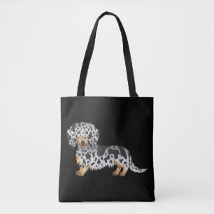 Black And Tan Dapple Long Hair Dachshund On Black Tote Bag