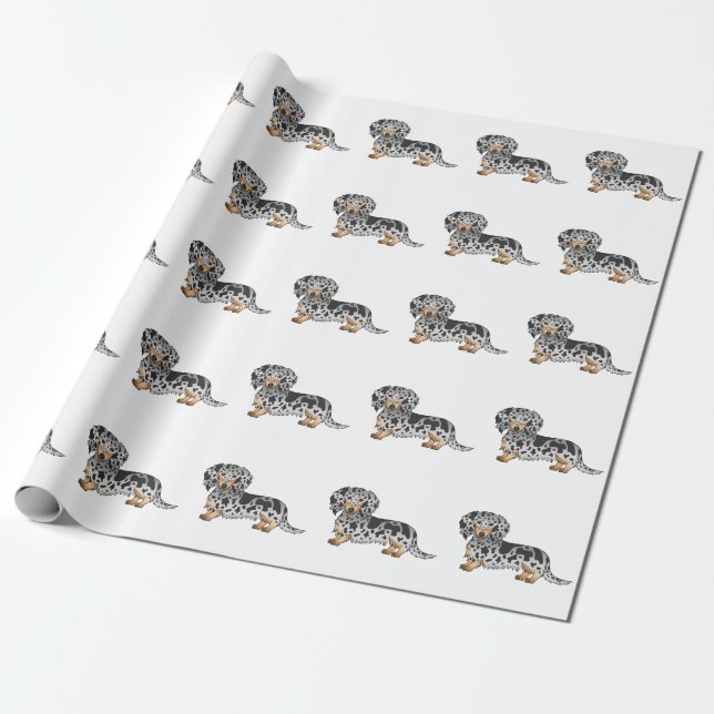 Black And Tan Dapple Long Hair Dachshund Pattern Wrapping Paper (Unrolled)