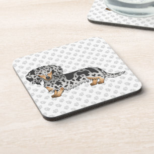 Black And Tan Dapple Long Hair Dachshund & Paws Beverage Coaster