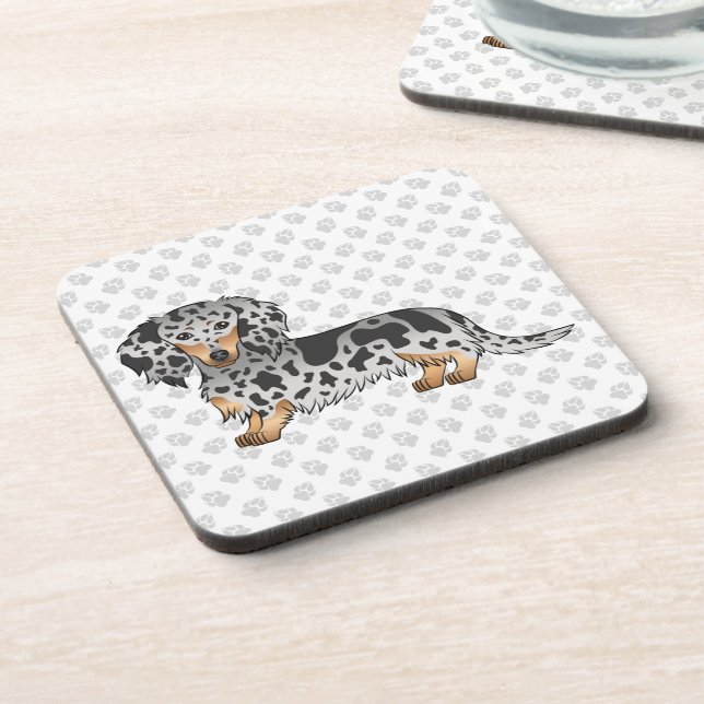 Black And Tan Dapple Long Hair Dachshund & Paws Beverage Coaster (Left Side)