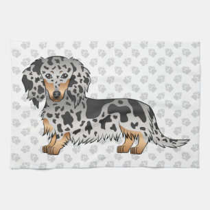 Black And Tan Dapple Long Hair Dachshund & Paws Kitchen Towel