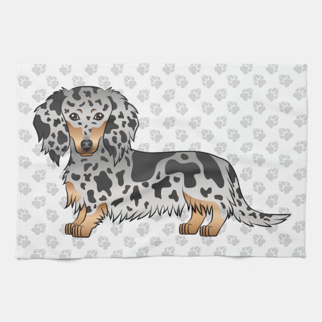 Black And Tan Dapple Long Hair Dachshund & Paws Kitchen Towel (Horizontal)