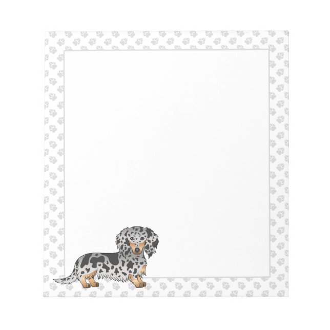 Black And Tan Dapple Long Hair Dachshund & Paws Notepad (Front)