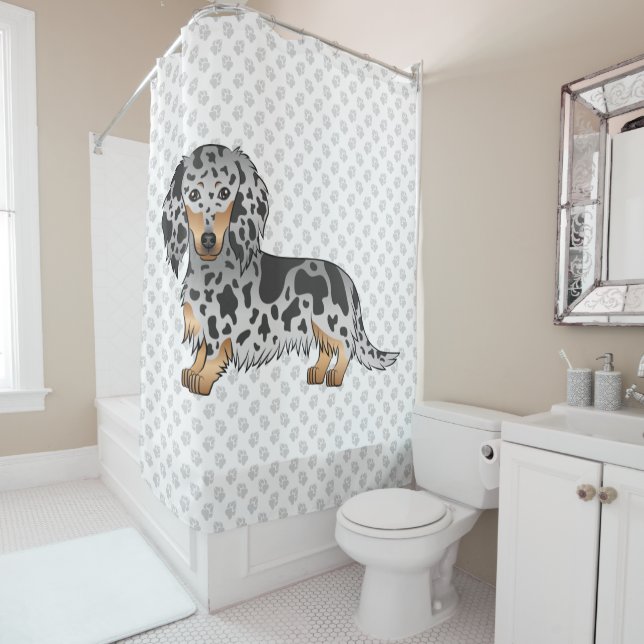Black And Tan Dapple Long Hair Dachshund & Paws Shower Curtain (In Situ)