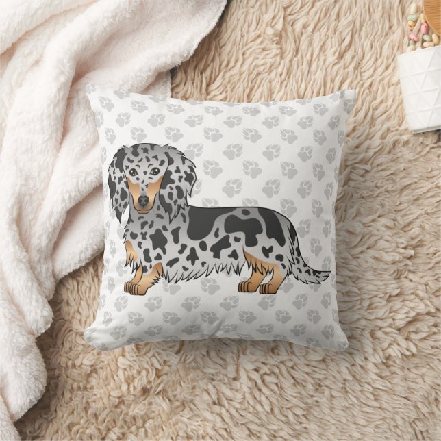 Black And Tan Dapple Long Hair Dachshund & Paws Throw Pillow (Blanket)