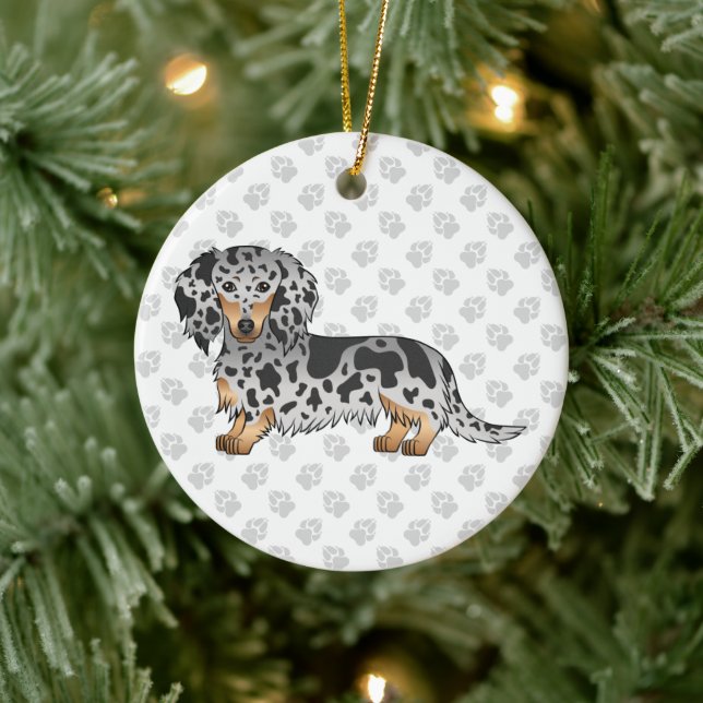 Black And Tan Dapple Long Hair Dachshund & Text Ceramic Ornament (Tree)