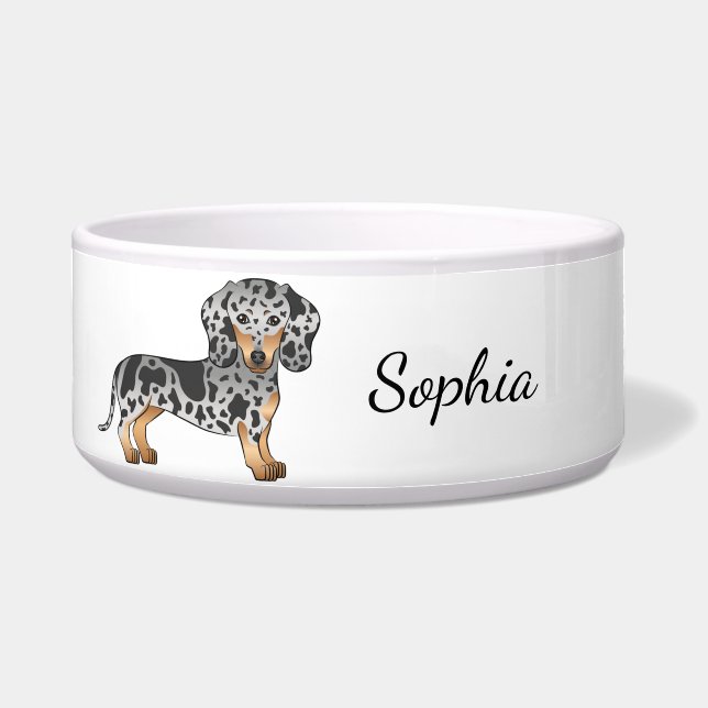 Black And Tan Dapple Short Hair Dachshund & Name Bowl (Front)