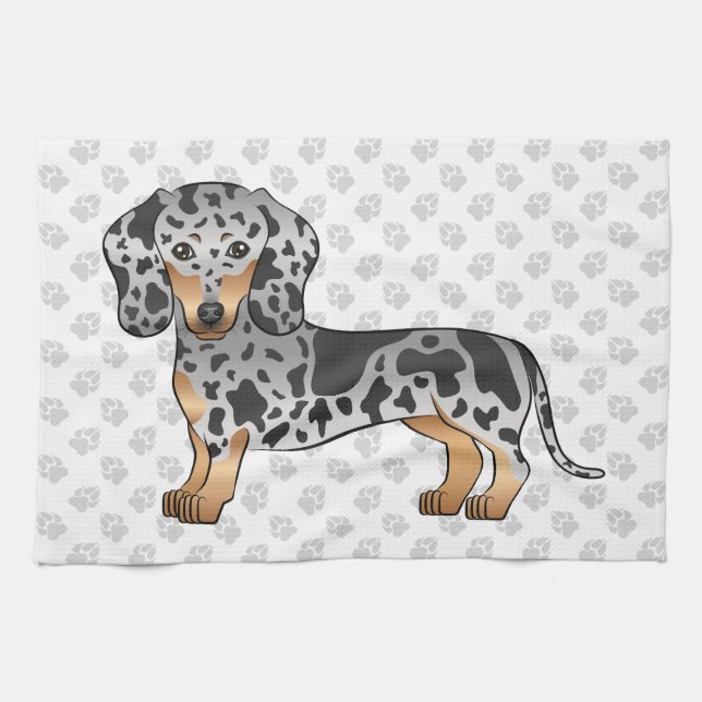 Black And Tan Dapple Short Hair Dachshund & Paws Kitchen Towel (Horizontal)