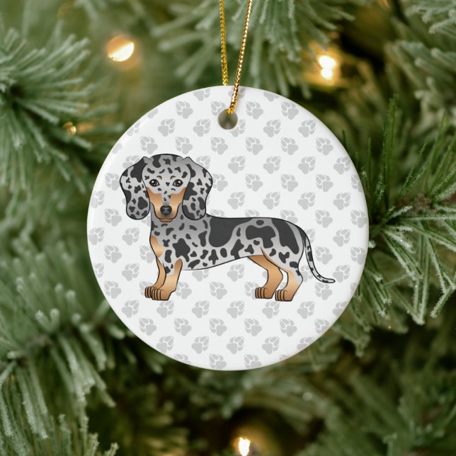 Black And Tan Dapple Short Hair Dachshund & Text Ceramic Ornament (Tree)