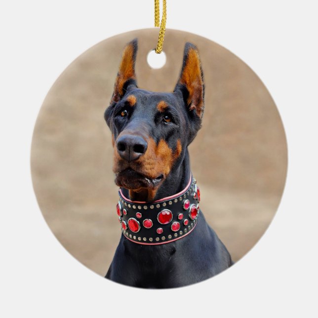 Black and Tan Doberman Pinscher in Jeweled collar Ceramic Ornament (Front)