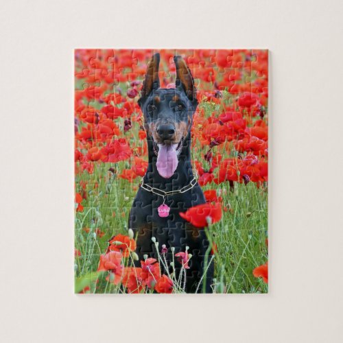 Black and Tan Doberman Pinscher in Red Flowers Jigsaw Puzzle