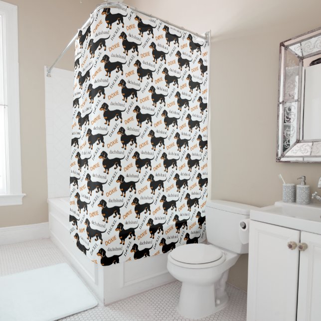 Black and Tan Doxie Dachshund Pattern Shower Curtain (In Situ)