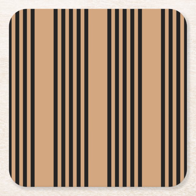 Black and tan five stripe pattern square paper coaster (Front)