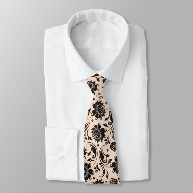 Black and tan floral damask pattern neck tie (Tied)