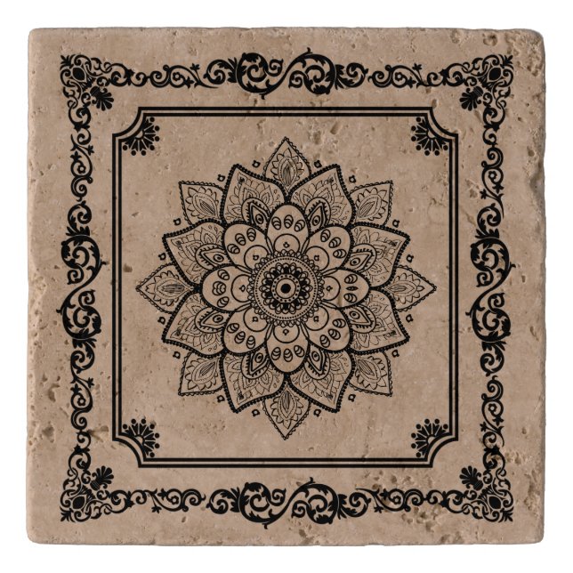 Black And Tan Floral Frame And Mandala Trivet (Front)