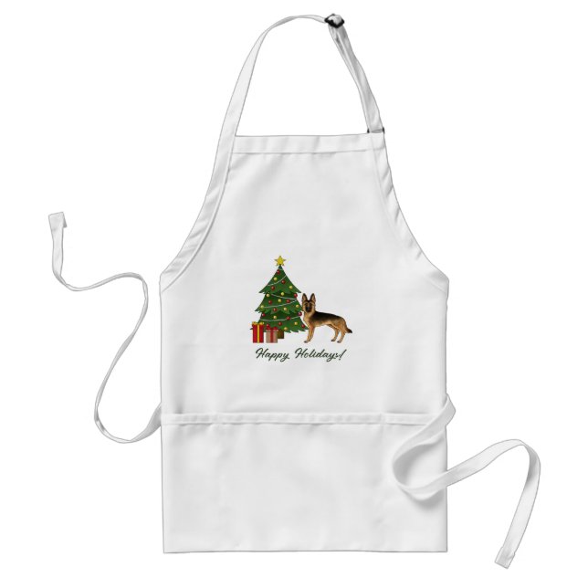 Black And Tan German Shepherd And A Christmas Tree Adult Apron (Front)