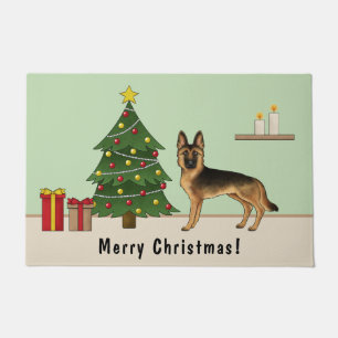 Black And Tan German Shepherd And A Christmas Tree Doormat