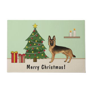 Black And Tan German Shepherd And A Christmas Tree Doormat