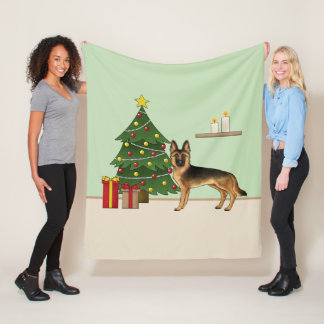 Black And Tan German Shepherd And A Christmas Tree Fleece Blanket