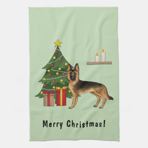 Black And Tan German Shepherd And A Christmas Tree Kitchen Towel