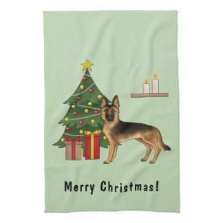 Black And Tan German Shepherd And A Christmas Tree Kitchen Towel