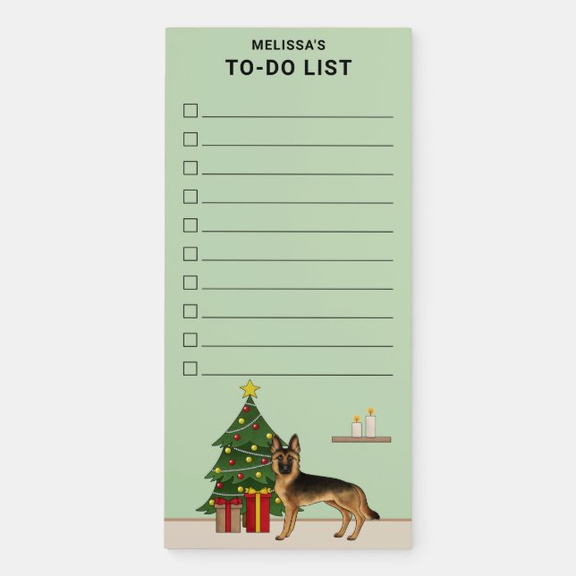 Black And Tan German Shepherd And A Christmas Tree Magnetic Notepad (Front)