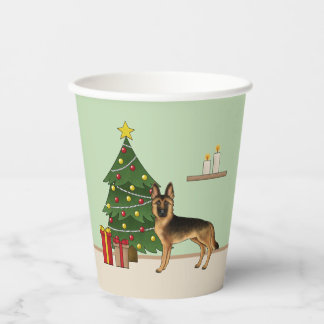 Black And Tan German Shepherd And A Christmas Tree Paper Cups