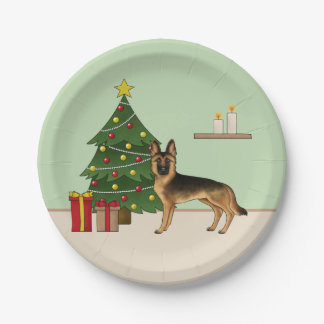 Black And Tan German Shepherd And A Christmas Tree Paper Plates